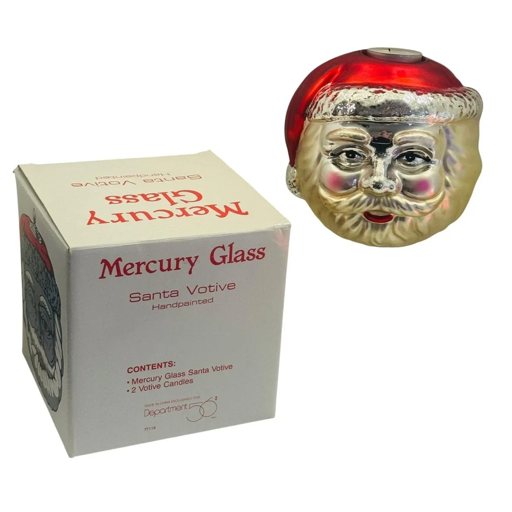 Dept 56 Mercury‎ Glass Santa Votive Tealight Holder Handpainted Xmas Decor Vtg